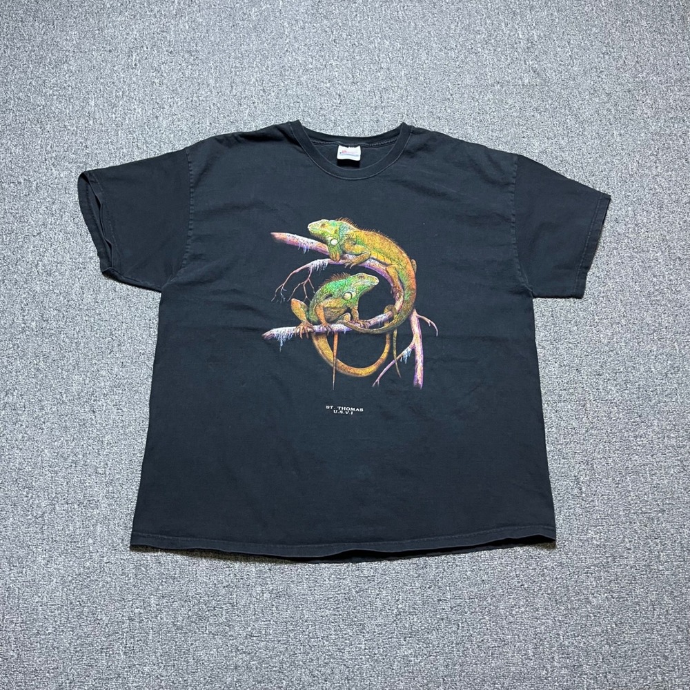 Vintage Hanes T Shirt 2XL Black Iguana St Thomas USVI Graphic 90s Heavyweight
